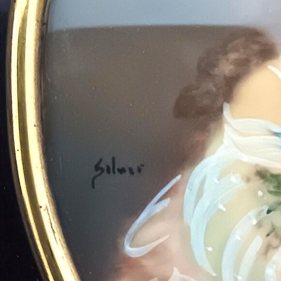 Antique Victorian Woman Miniature Porcelain Painting Wood Frame Signed Silver? - Picture 3 of 4